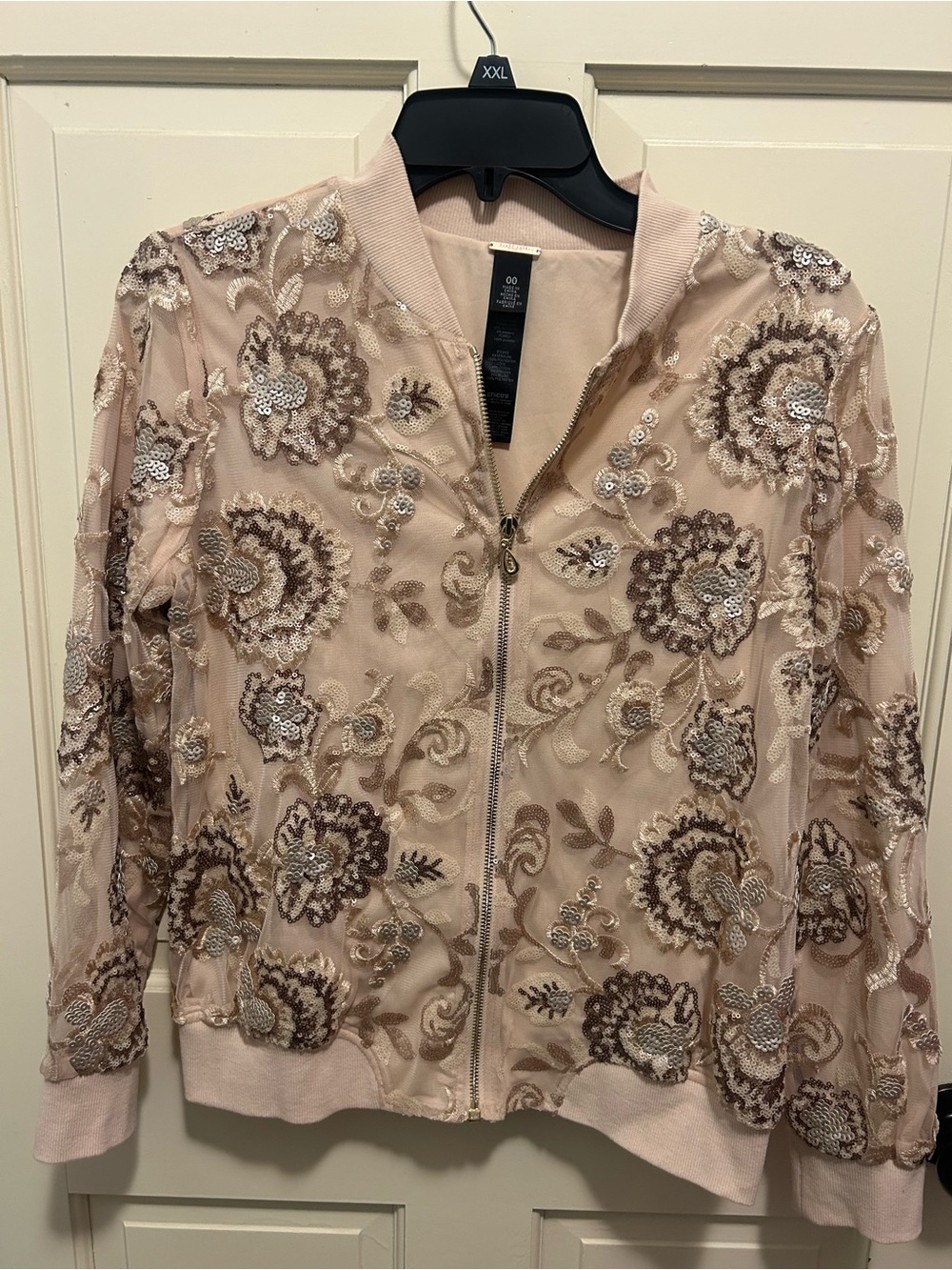 Chico's Black Label beige and silver floral sequin bomber jacket